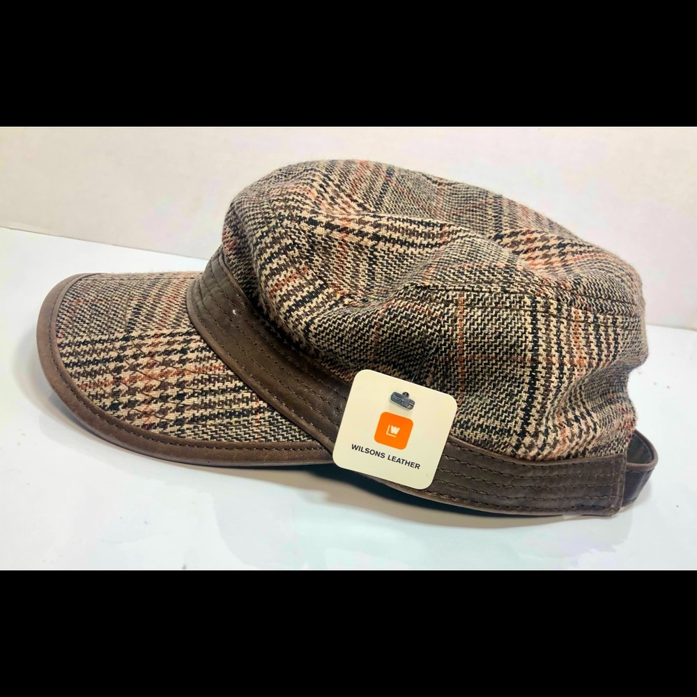 Wilsons Leather Brown Plaid Hat Unisex Button Strap One Size